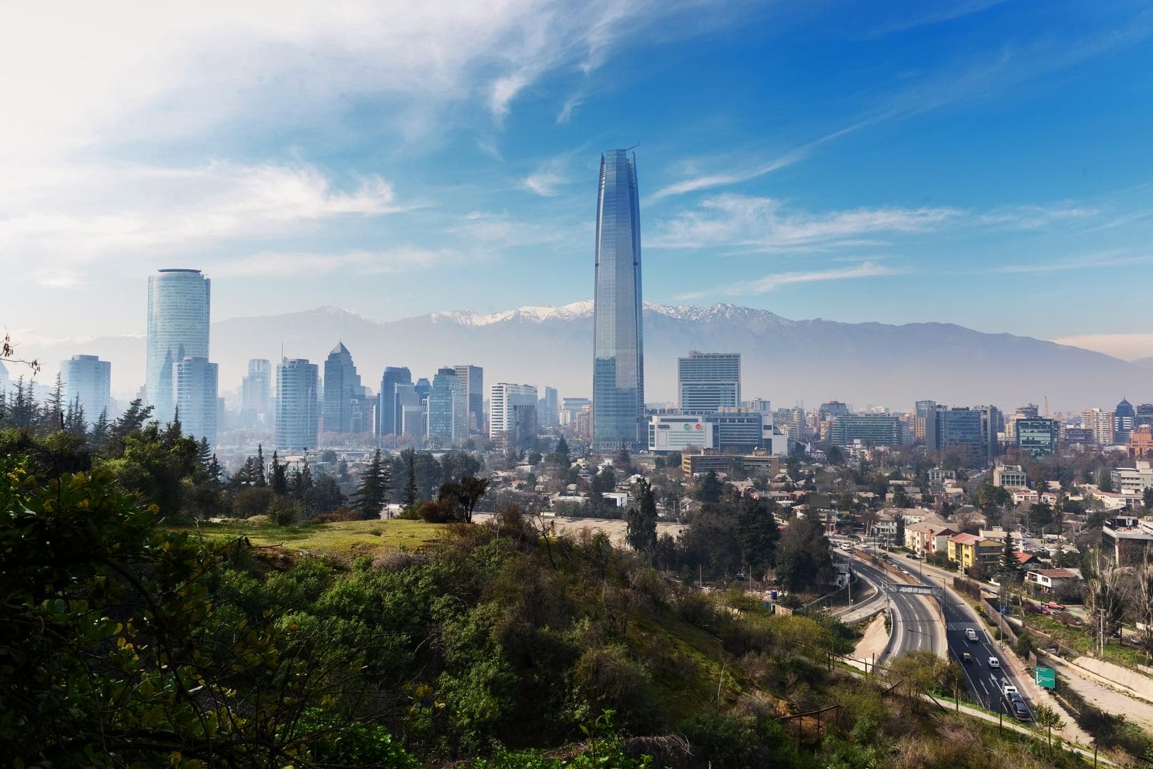 Panoramic view of Santiago and the Andes